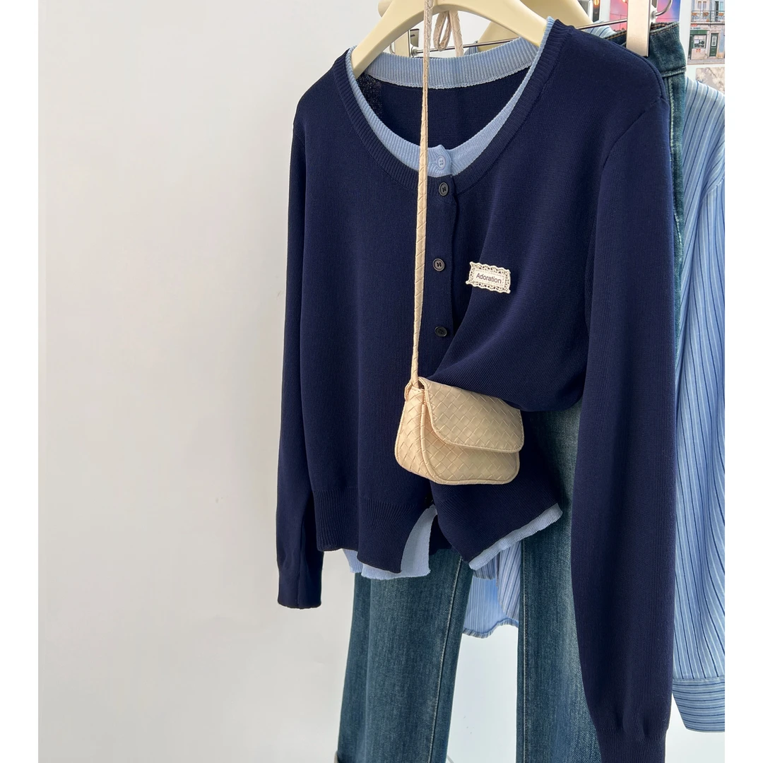 【现货】韩系假两件长袖针织开衫女秋chic别致外搭宽松短款上衣外套