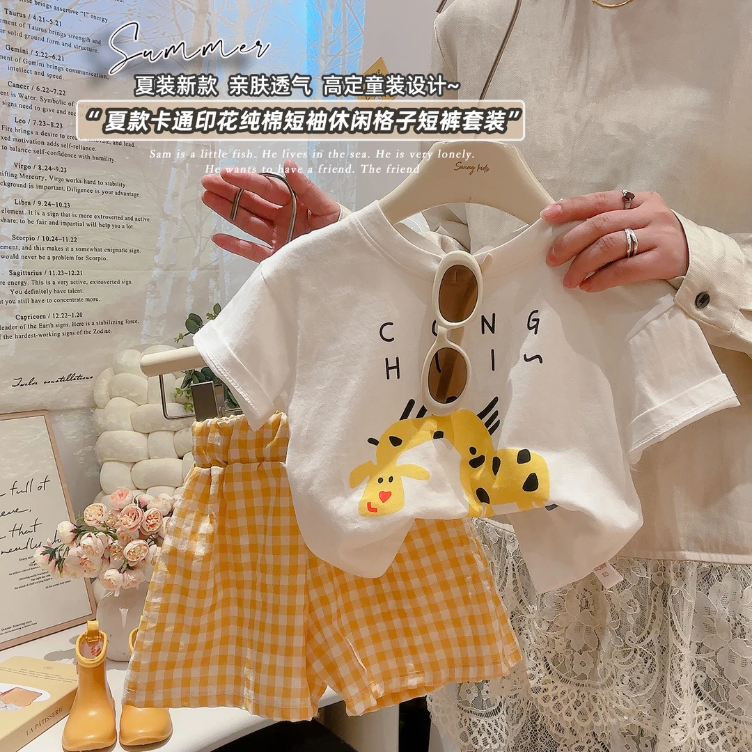 【亲子款】夏季新款慵懒风女宝卡通印花T恤格子短裤休闲韩版套装