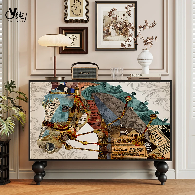 纯一全实木法式复古玄关柜双开门彩绘艺术餐边柜置物柜收纳柜z25