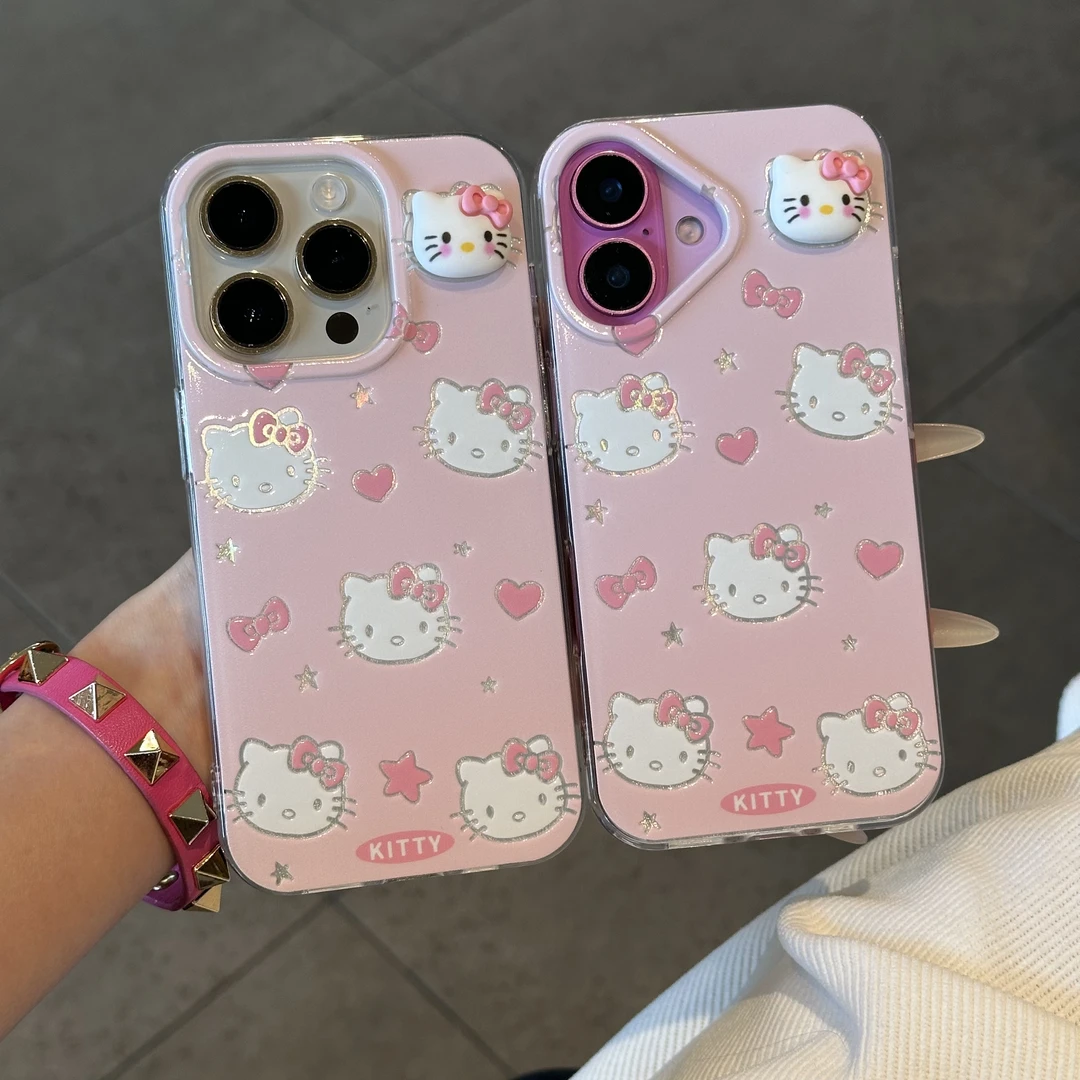 夕与空粉爱心凯蒂猫适用苹果16羽纱手机壳vivo华为oppo小米15荣耀