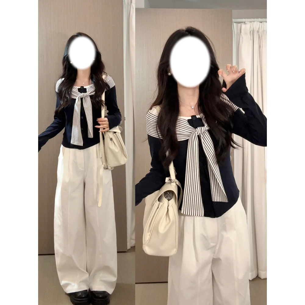 韩系穿搭秋季时尚套装条纹拼接假两件长袖穿搭休闲风阔腿裤两件套