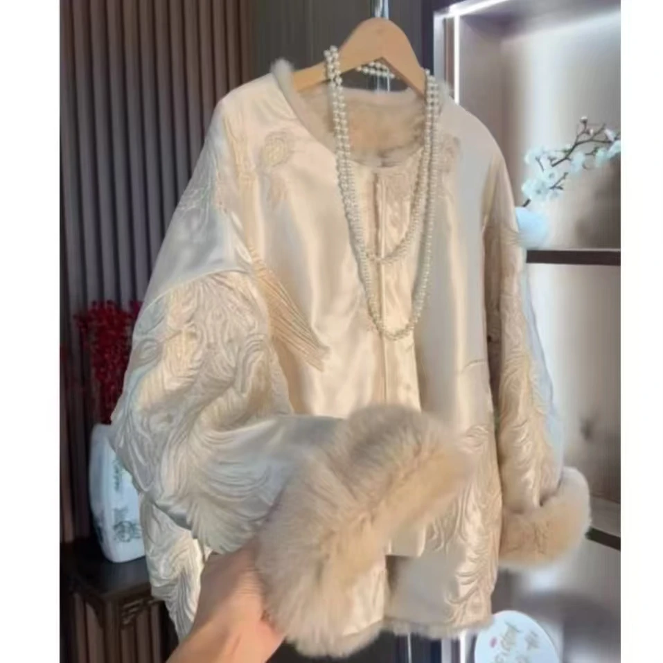 【白霜】中式冬重工刺绣兔毛保暖双面外套