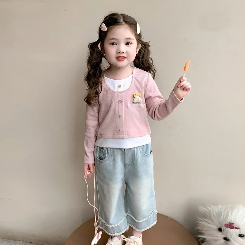 女童秋季2025新款少女风小童卡通小鸭子假两件日系休闲长袖T恤