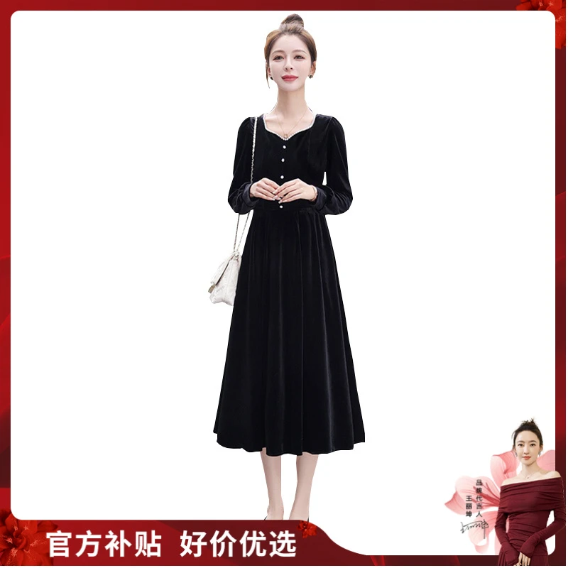 【品牌奥莱】丝柏舍2025春装新款女方领钉珠收腰连衣裙S33Q4223L