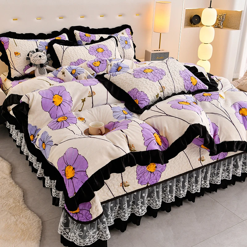 新款9.5斤牛奶绒印花夹棉床盖四件套公主风韩版花边加厚