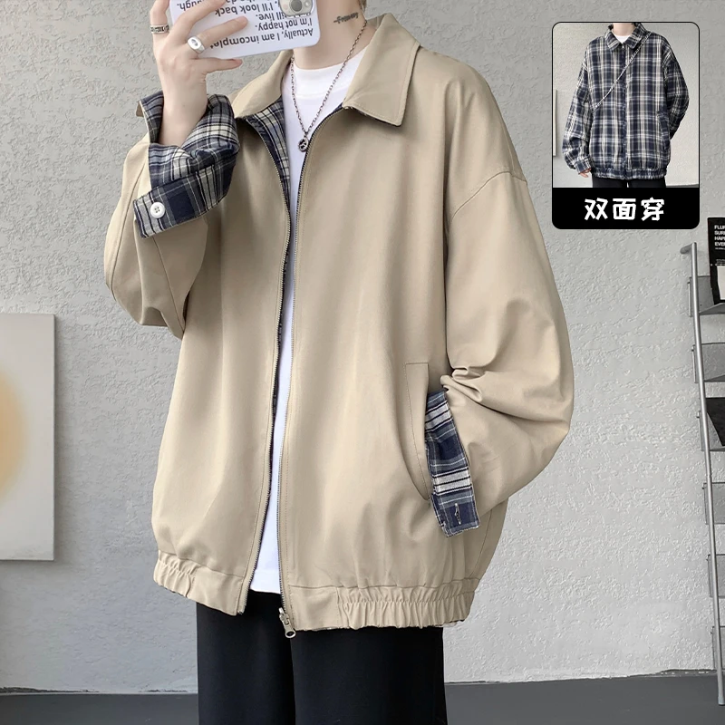 仓石一树秋季港风双面穿格纹夹克上衣男士潮牌高级感翻领休闲外套