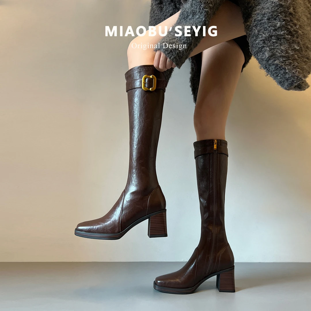 牛皮版~真皮金属扣厚底不过膝长靴粗跟长筒靴女高筒瘦瘦靴骑士靴