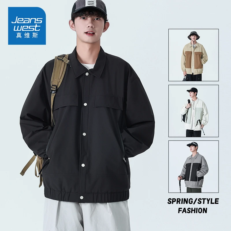 Jeanswest/真维斯男士潮牌百搭拼接夹克春秋宽松休闲户外情侣外套