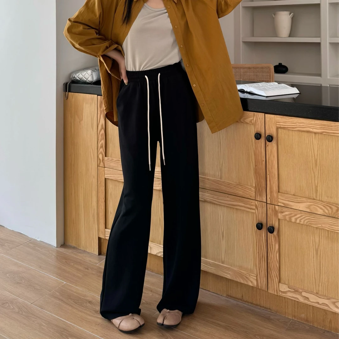 24010女装针织窄版直筒裤醋 酸高腰显瘦柔软舒适休闲通勤长裤春夏