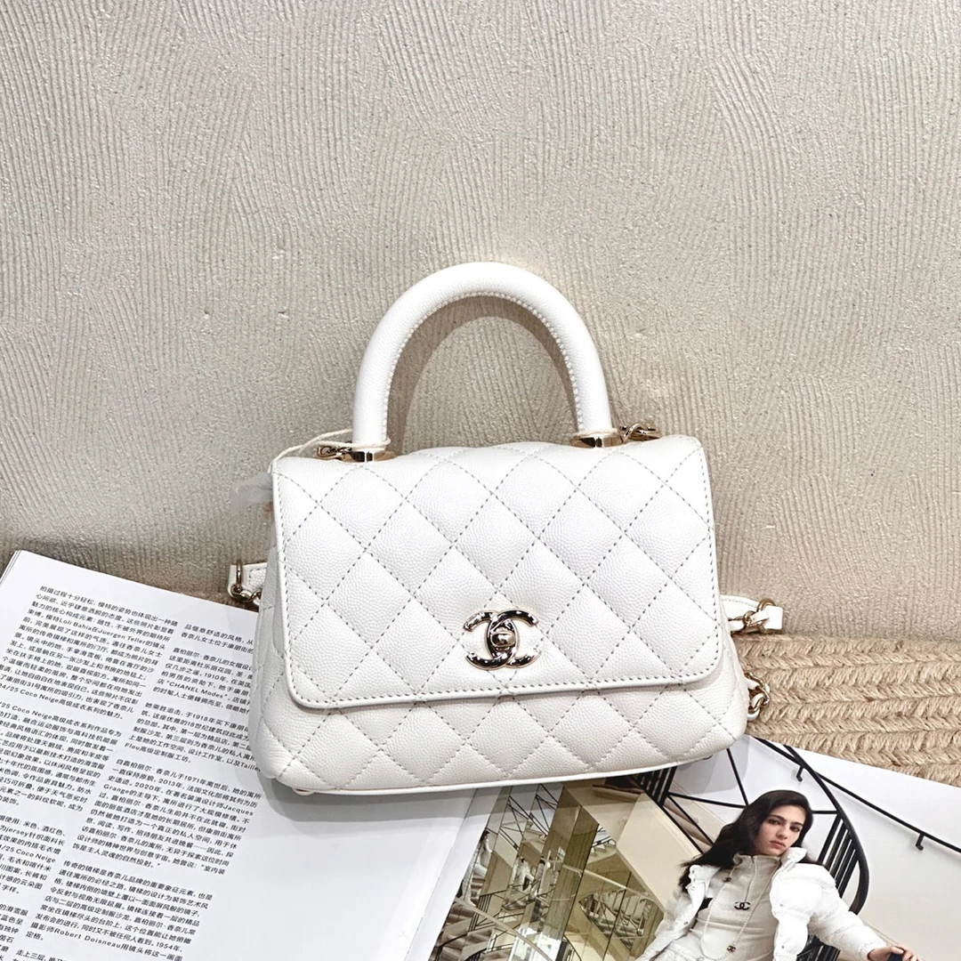 99新 Chanel/香奈儿 21K 白金扣荔枝纹牛皮cocohandle mini芯片款