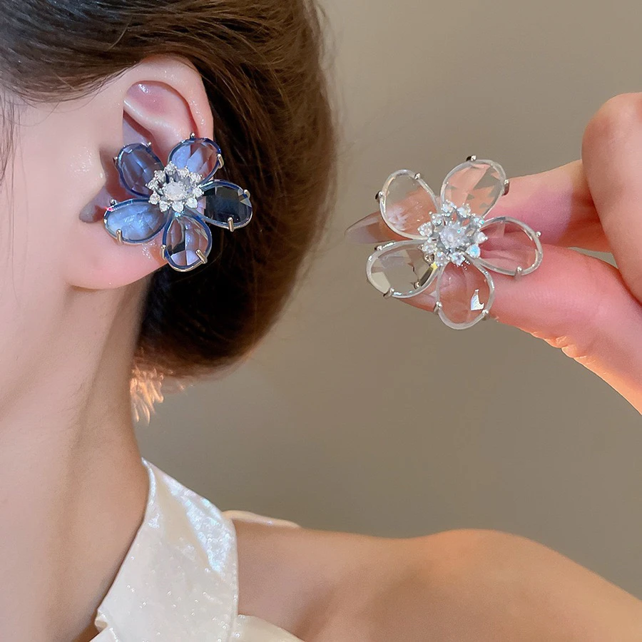 铜合金耳饰 精品/锆石水晶花朵耳夹无耳洞耳骨夹时尚百搭简约耳饰