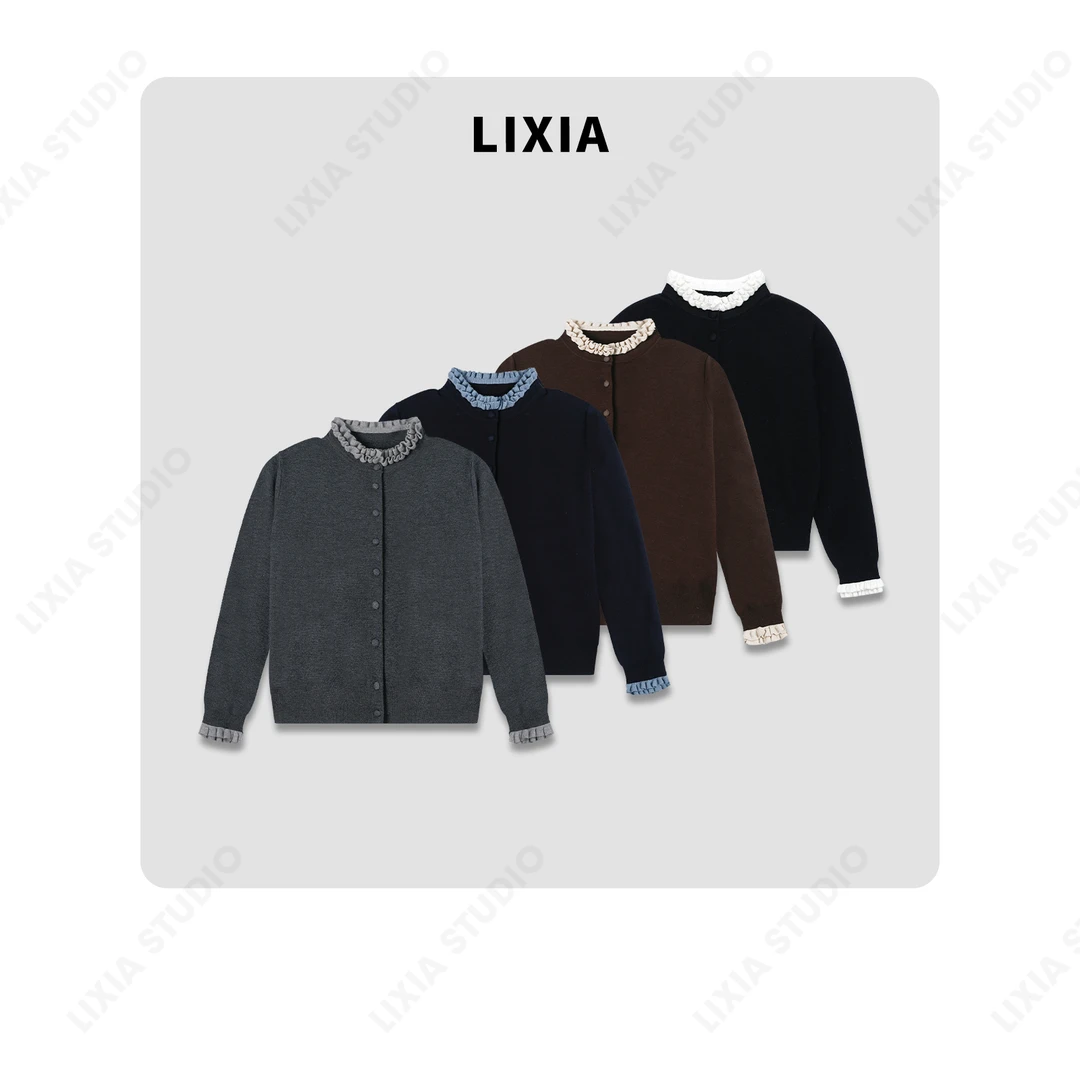 LIXIA【赫本】浪漫精致木耳边拼接长袖针织开衫-A8318