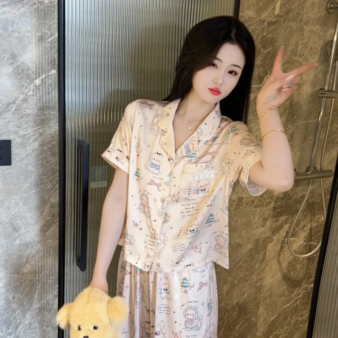 （圣诞小熊）夏季气质可爱休闲显瘦睡衣女短袖家居服套装可外穿减龄