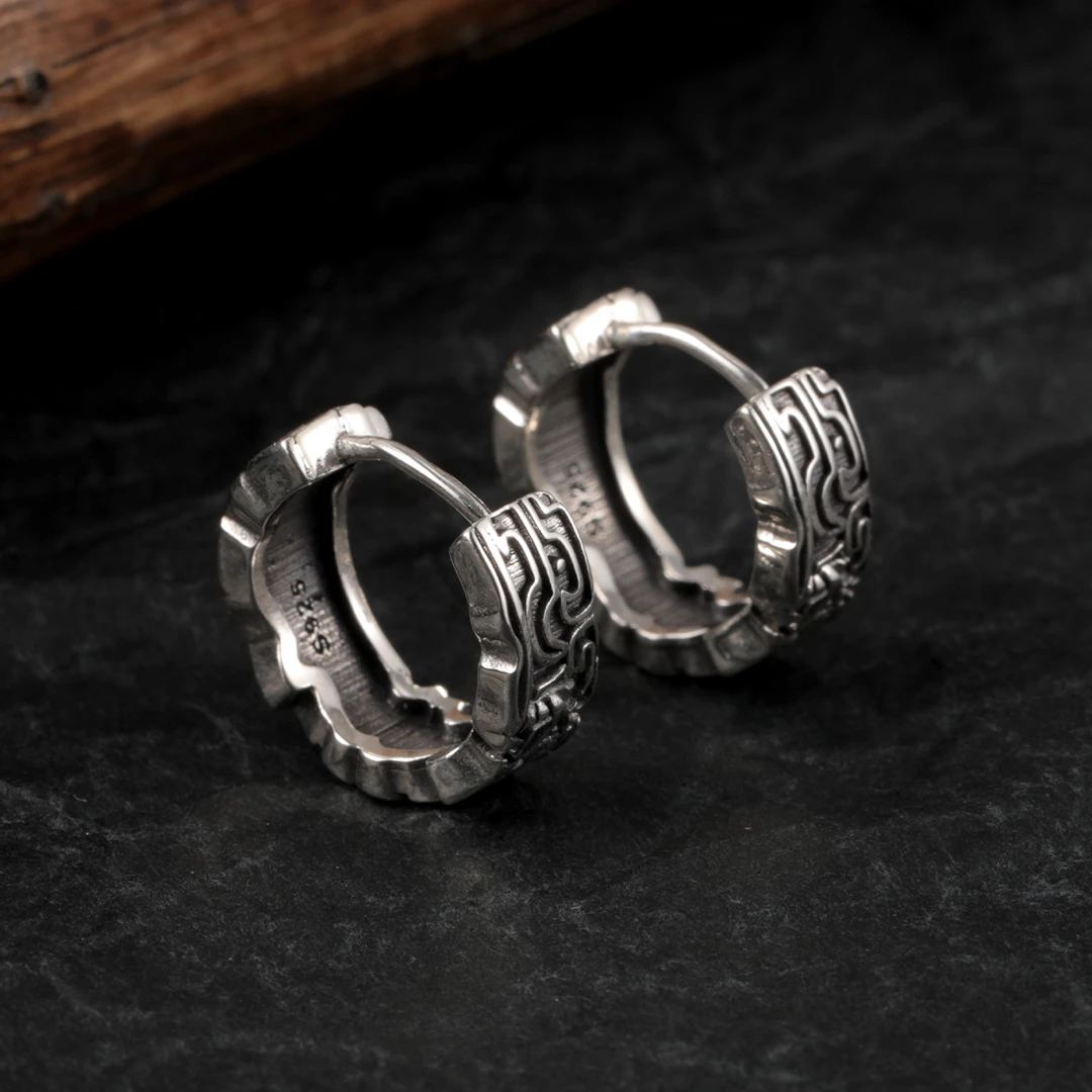 925银耳饰 高级感复古做旧远古图腾耳环男个性国潮神兽耳圈银耳钉