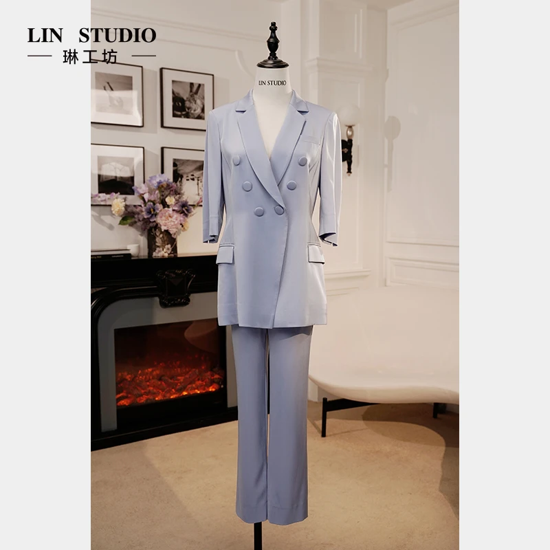 【特殊活动款 不支持退换 上衣+裤子】琳工坊雾霾蓝双排扣西服套装
