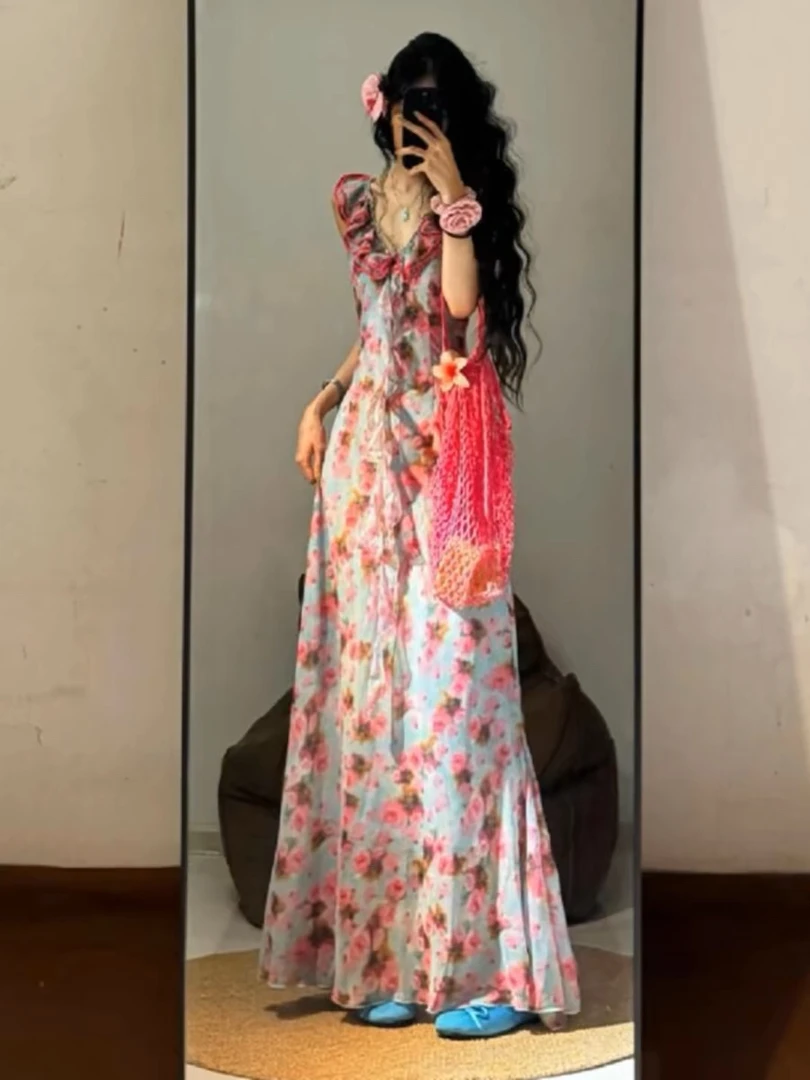 （17.9-29.9）孤品夏季茶歇法式v领碎花连衣裙女收腰气质长裙