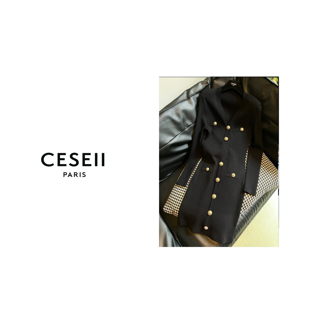 【XJ1216】CESEII秋冬新款时尚提花工艺百搭重工针织高弹连衣裙