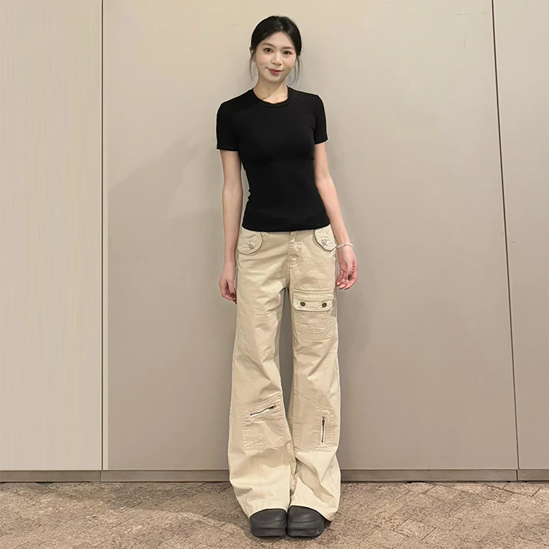 【破价 运补6】杏色弯刀工装微喇牛仔裤女夏季高腰拖地梧桐镰刀裤子