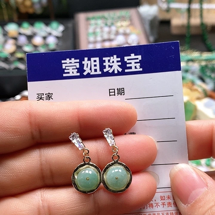 翡翠耳饰合金百*绿古珠耳钉