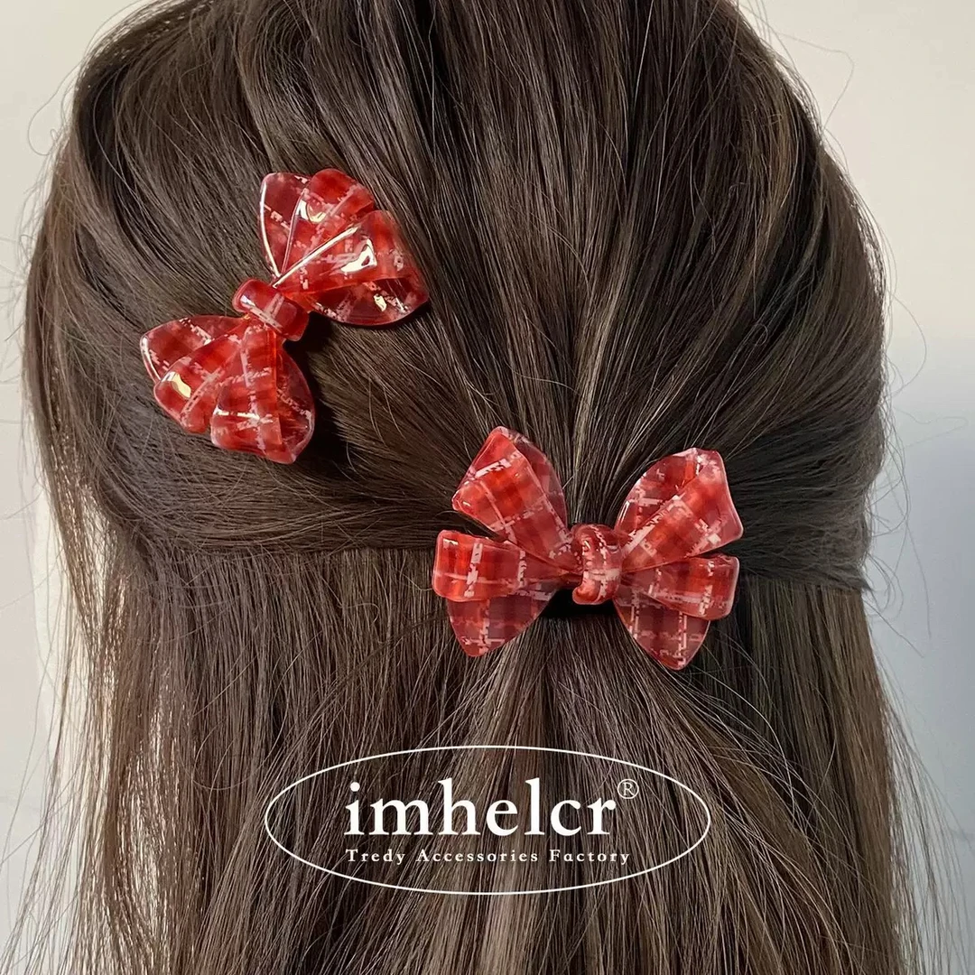 新款红格子立体蝴蝶结发夹减龄红色醋酸头绳甜梦少女刘海边夹发饰