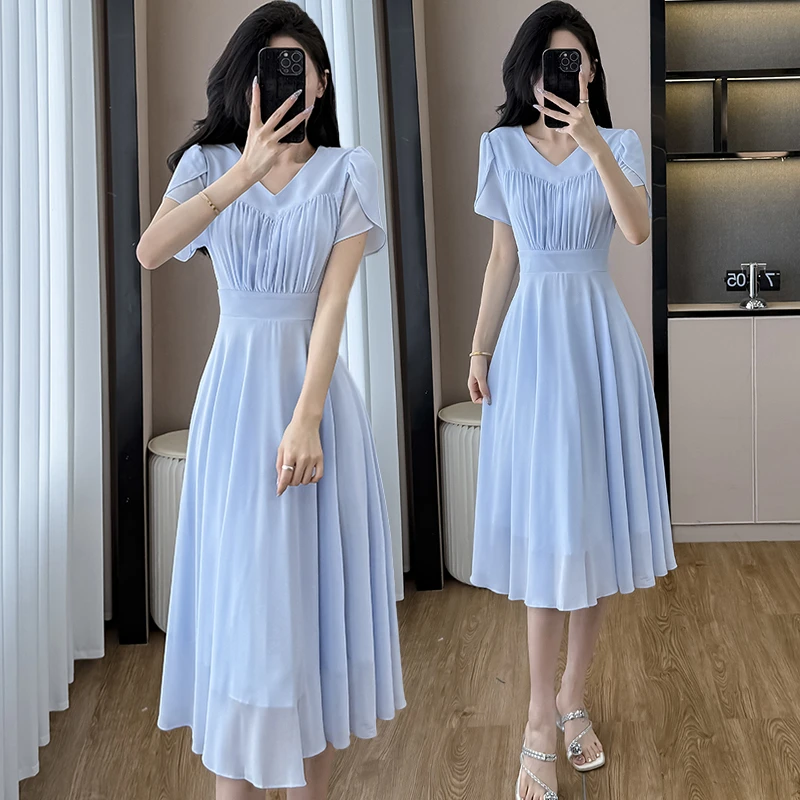 高端气质雪纺花瓣袖连衣裙子女夏2025新款收腰显瘦a字法式连身裙