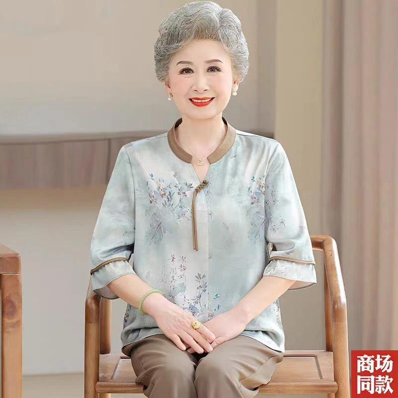 恒源祥彩羊老年人女夏装时尚奶奶仿桑蚕丝T恤套装胖妈妈加肥加大