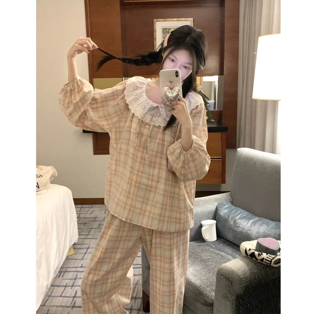 圆领纯棉睡衣女100%全棉春秋季套装甜美长袖长裤宽松可外穿家居服