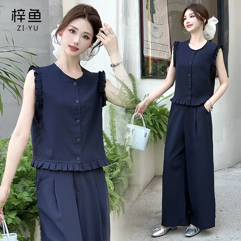 时尚套装女夏季短款圆领无袖上衣小个子九分休闲高腰阔腿裤两件套