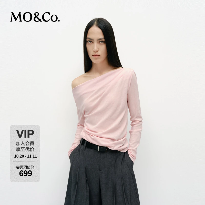 MOCO上衣2025春新品棉质捏褶修身收腰一字肩长袖黑色MBE1TOPT07