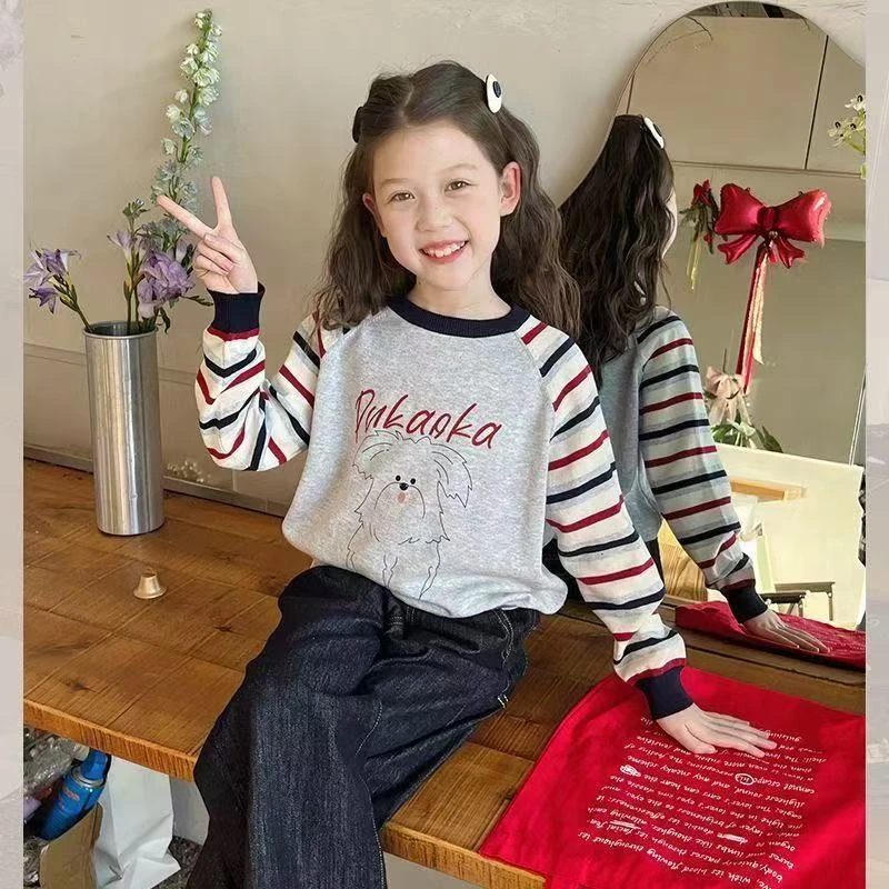 女童t恤春秋款2025新款儿童洋气女孩时髦网红条纹内搭中大童上衣