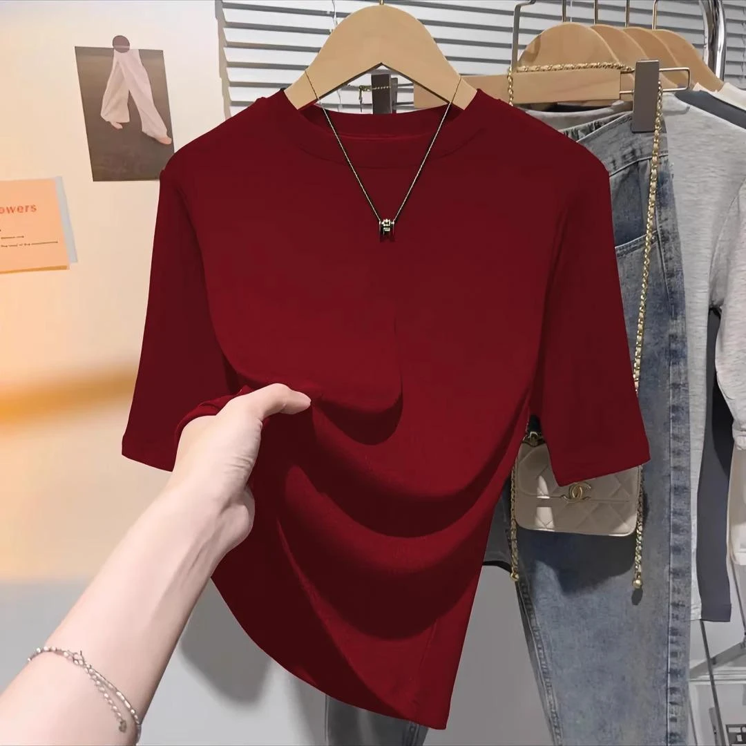 2025早秋圆领T恤女半袖新款五分袖半高领修身简约打底衫中袖上衣