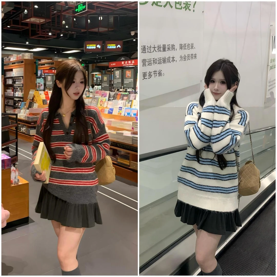 李潇洒【】微胖大码秋季polo领撞色横条纹宽松毛衣