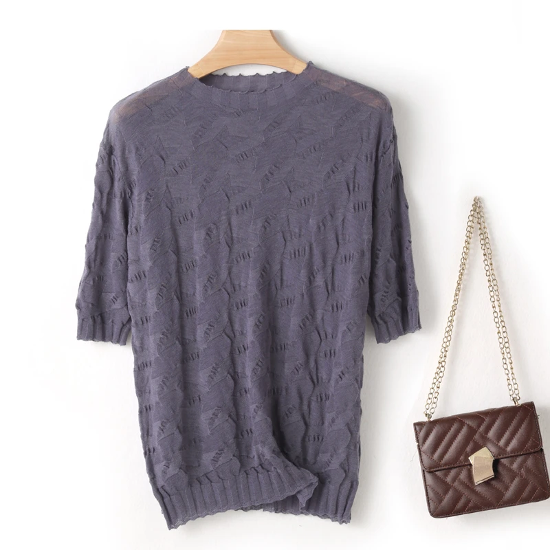 【云朵羊毛】立体提花褶皱圆领针织衫轻薄显瘦气质T恤精纺五分袖