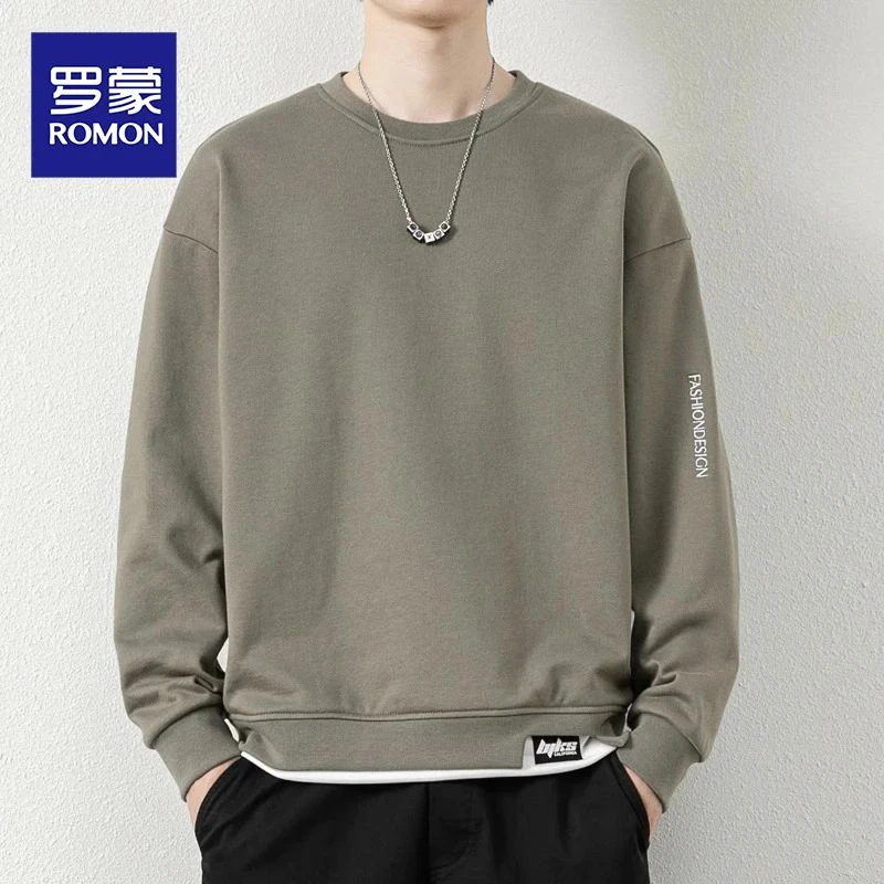 罗蒙圆领卫衣男士春秋季新款潮流宽松假两件打底衫休闲长袖t恤男