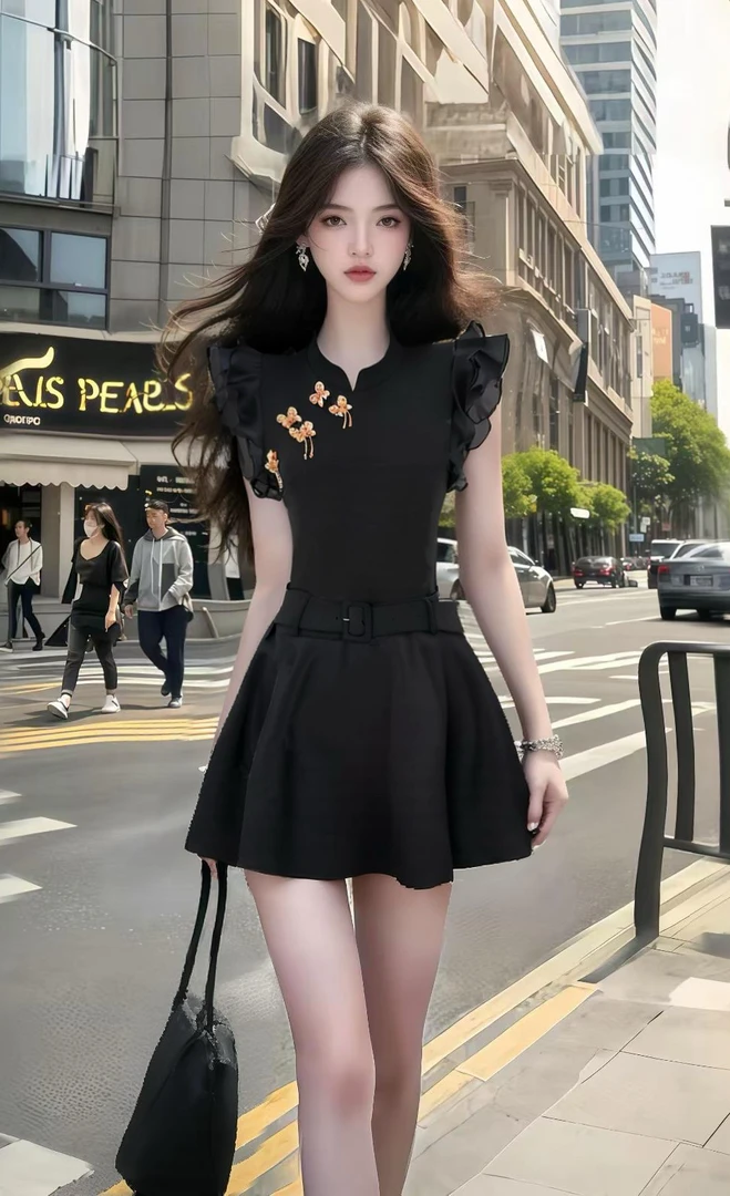 夏季新款时尚有优雅设计感黑色修身收腰连衣裙显瘦百搭氛围感女装