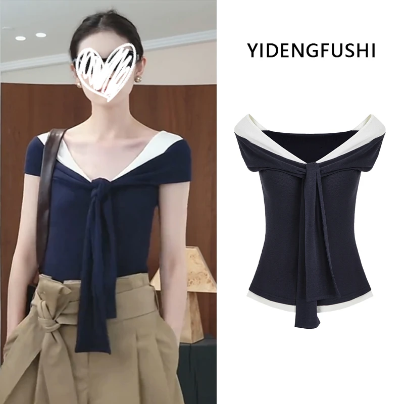 韩系设计感假两件披肩短袖T恤2025夏新款温柔一字肩修身上衣