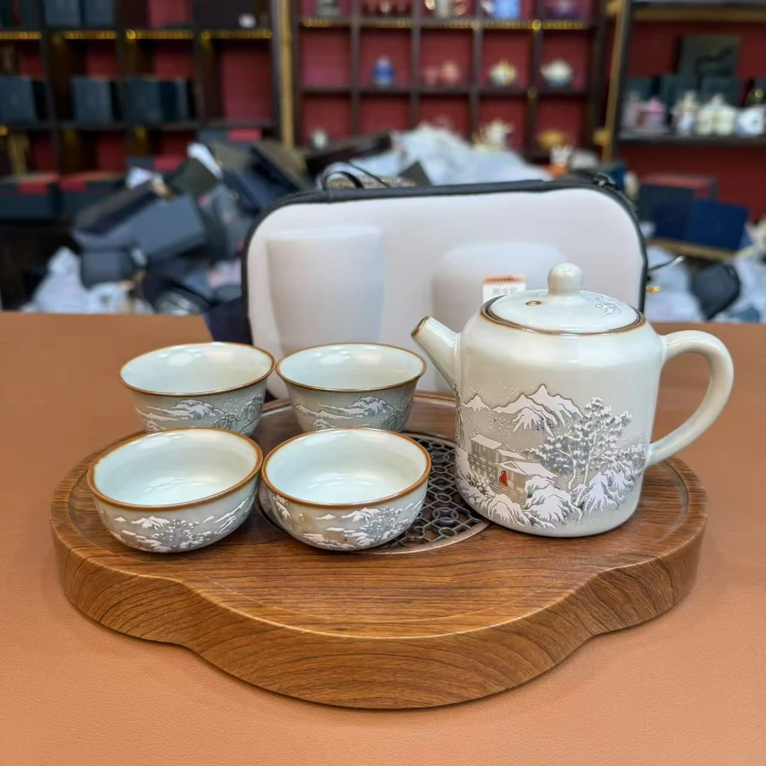 【闪购链接】zh3377-雪景掐丝银一壶四杯杯旅行套