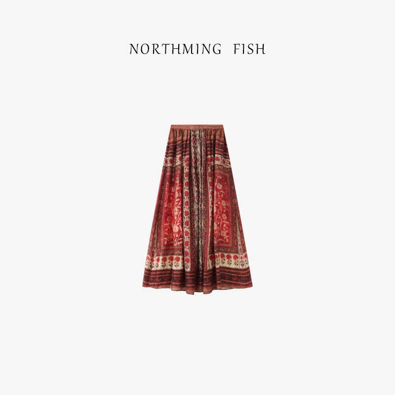 NorthMing fish「岛屿玫瑰」100苎麻 天然透气度假风波西米亚半裙