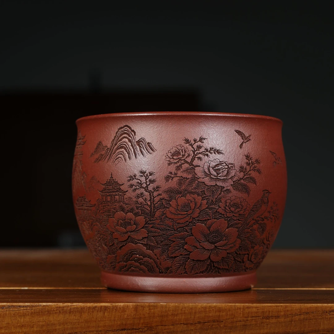 宜兴原矿龙血砂刻绘牡丹紫砂手工主人杯容量180CC
