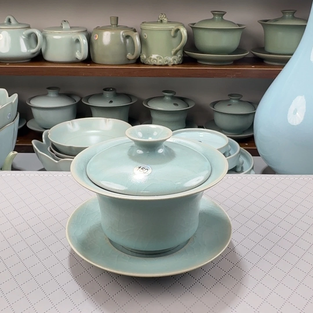 瓷摆件编号150汝窑仿古釉三才马蹄盖碗二级