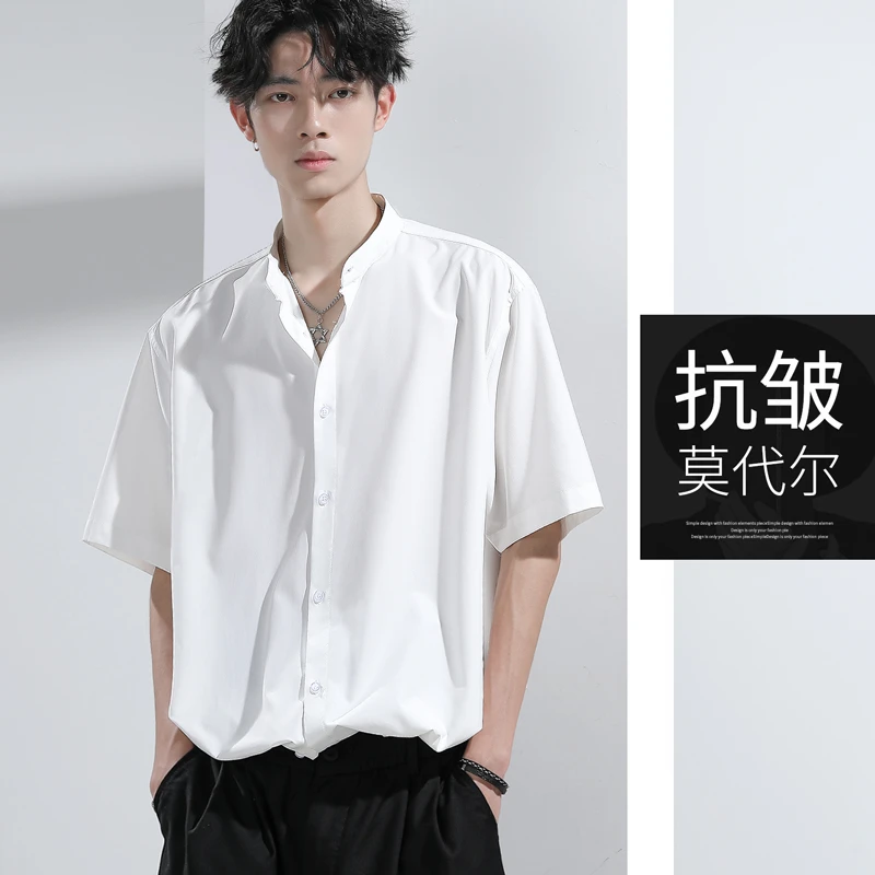 立领短袖衬衫男2025夏季新款抗皱白色冰丝衬衣宽松大码休闲莫代尔
