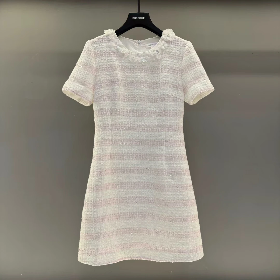 小香风连衣裙夏新款女轻熟甜美粉白条纹短裙夏装通勤连衣裙L9583