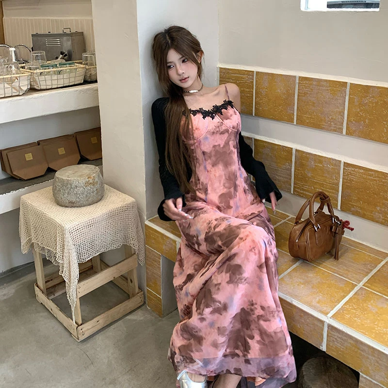 大码女装甜辣妹度假风吊带连衣裙夏季胖mm碎花带胸垫a字长裙开衫