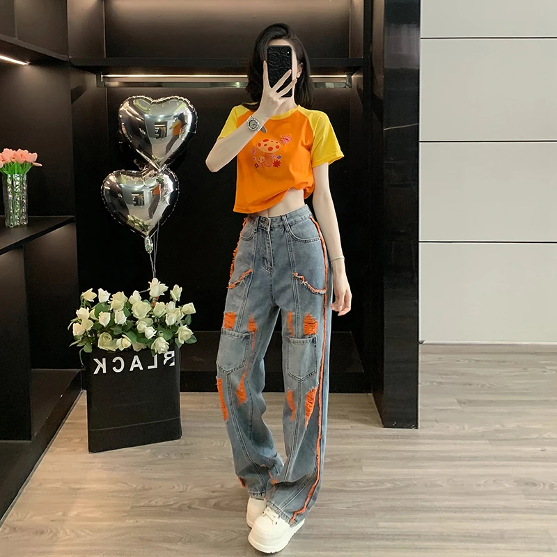 2025新款女装流行穿搭套装拼色印花显瘦短袖T恤橙色毛边牛仔裤潮
