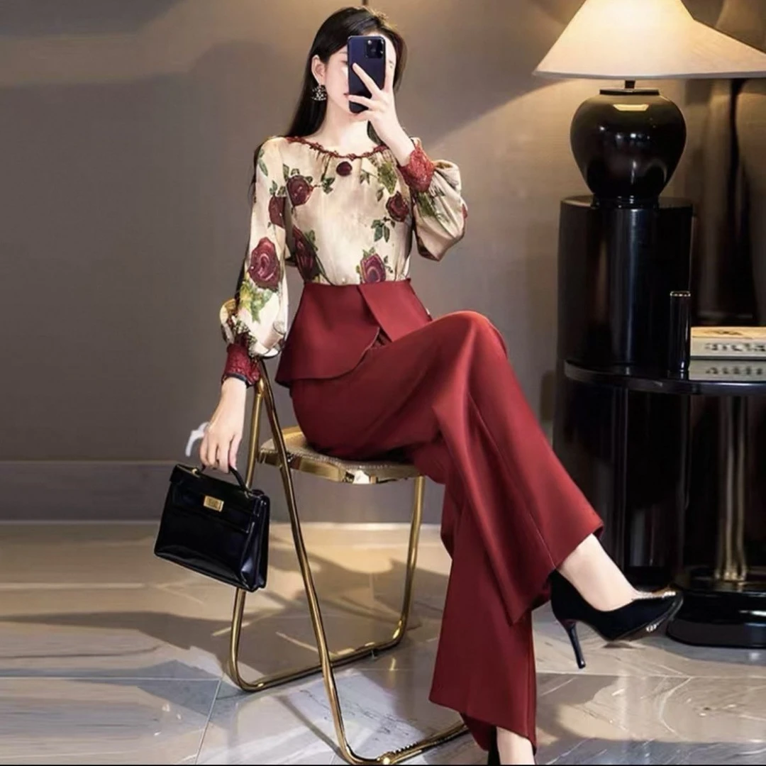 女士春秋气质优雅田园风新中式高级感红色花朵上衣西装裤两件套装