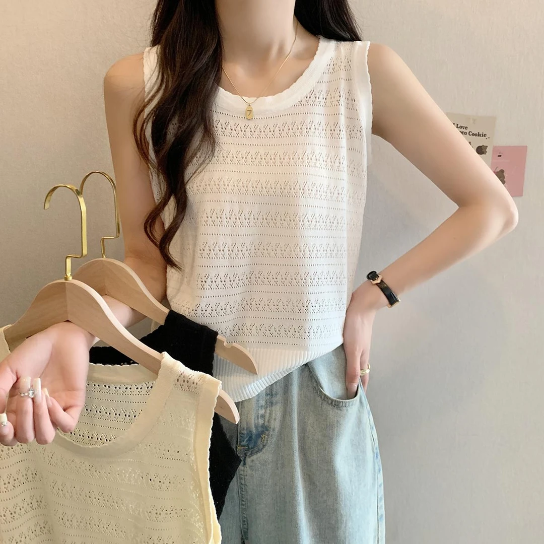 法式镂空针织背心女U领宽松大码胖mm内搭无袖上衣薄款白色吊带夏