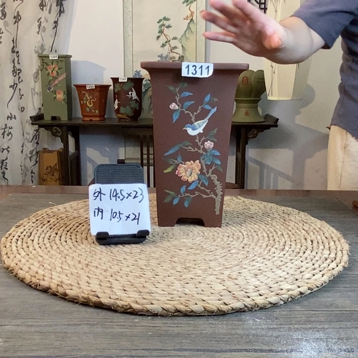 紫砂花盆  紫泥花鸟手绘签筒1311