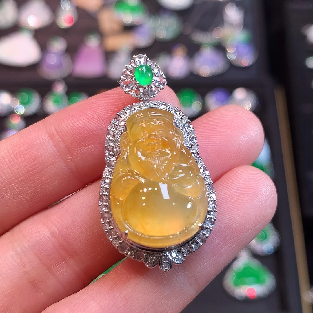 翡翠18K金镶嵌吊坠(赠链)黄翡财神吊坠