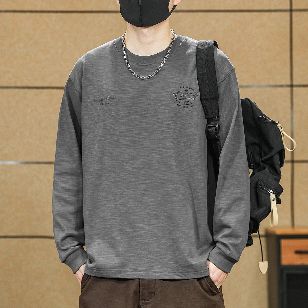 高级感轻熟简约深灰色长袖T恤男春秋季宽松圆领内搭打底衫男潮牌