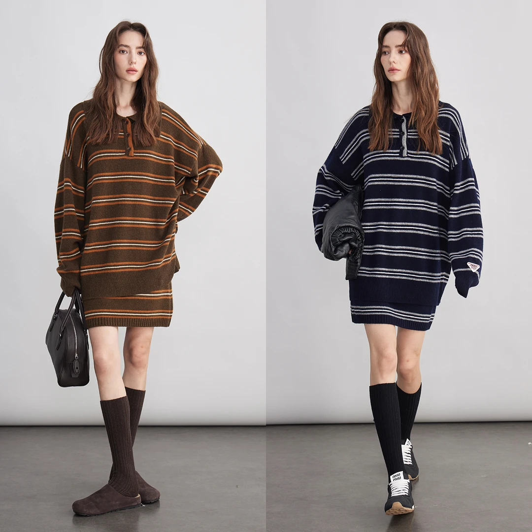 3ONE miu系学院风百搭宽松翻领条纹针织毛衣外套套装显瘦针织半裙